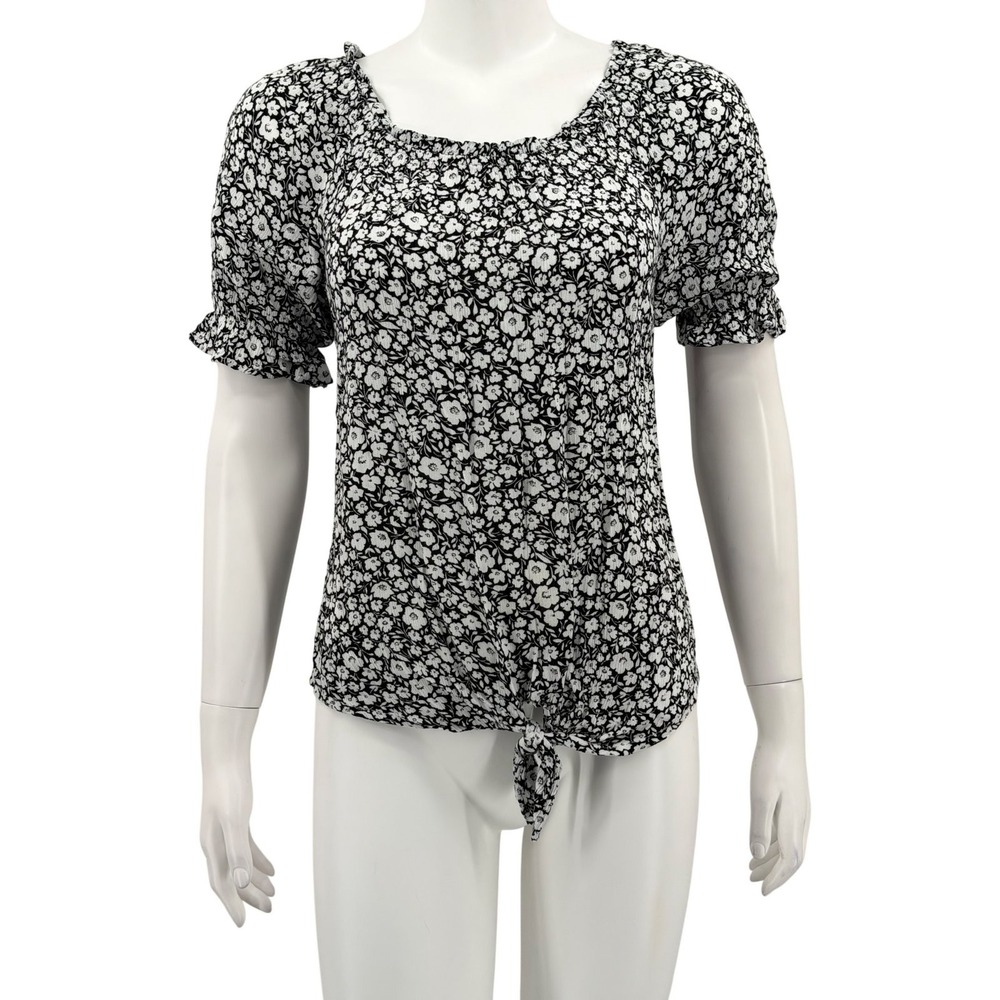 I.N. Studio Top Womens Small Black Floral Tie Front Ruffle Summer Boho Bloomcore